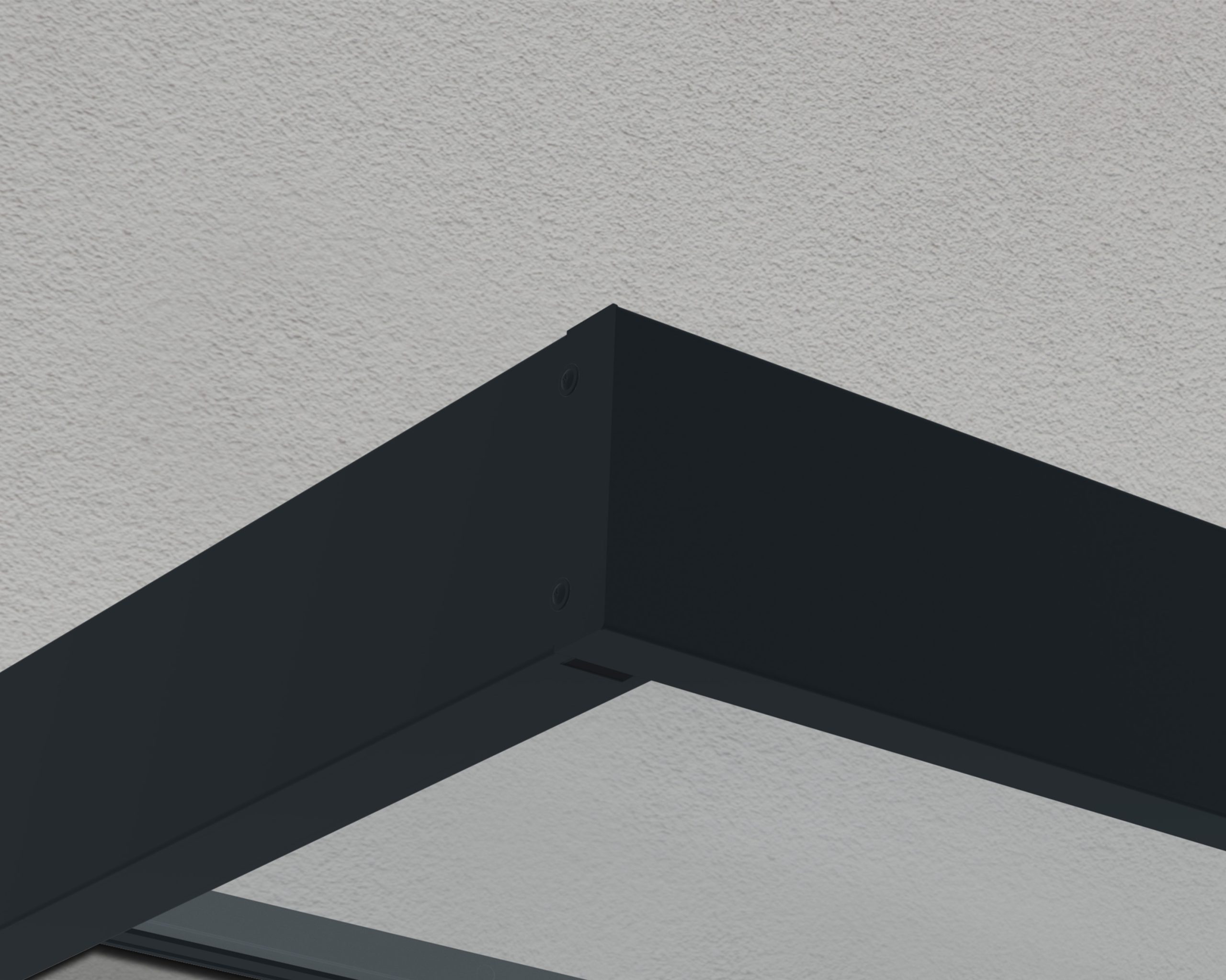 Close-up of the gray aluminum frame of the Sophia 2150 Door Canopy, showcasing its sleek design and built-in gutter system, highlighting modern outdoor aesthetics.