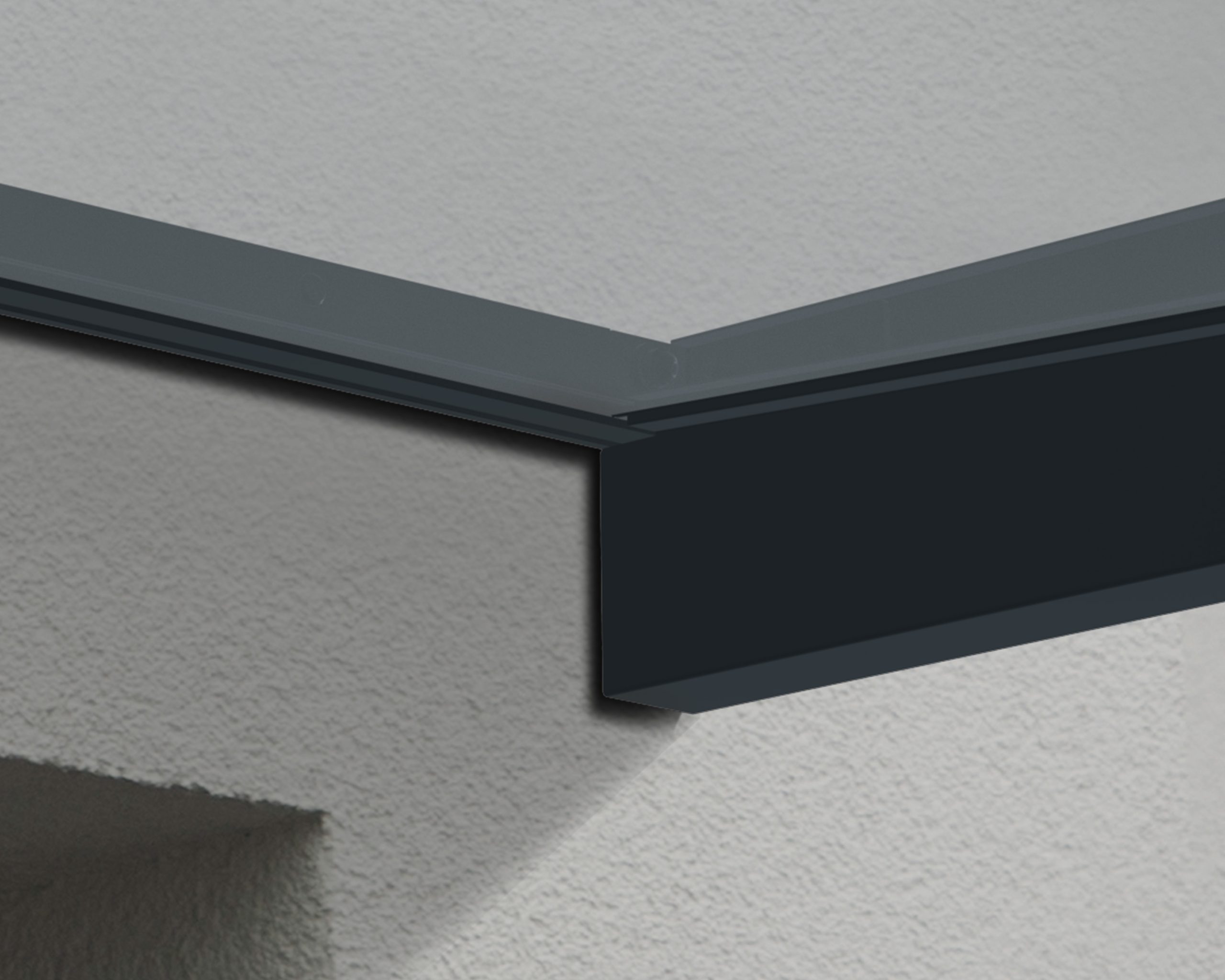 Sophia 2150 Door Canopy corner detail, featuring a gray aluminum frame and clear panel, highlighting modern design and durability for enhanced outdoor entrances.