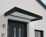 Sophia 2150 door canopy in grey with clear panels, modern aluminum design enhancing home entrance, providing weather protection and UV resistance.