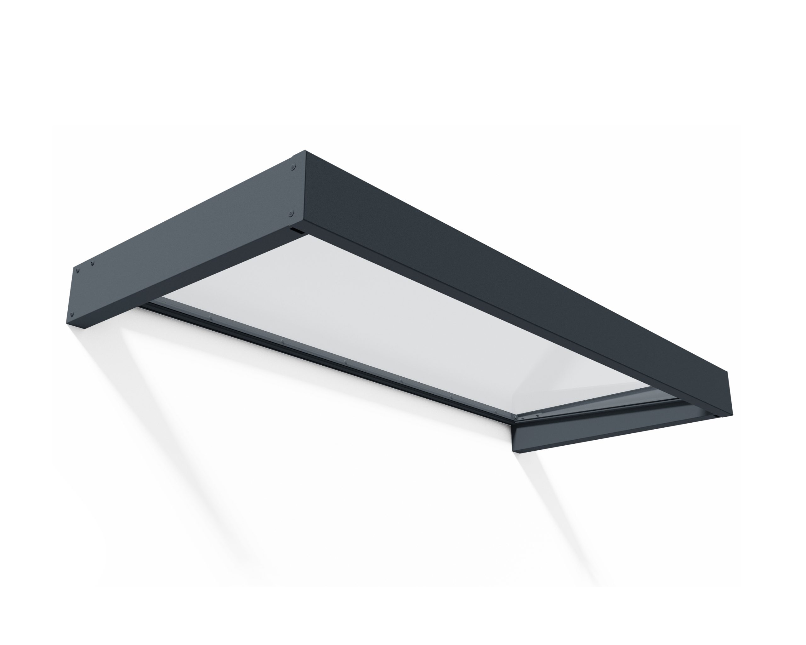 Sophia 2150 door canopy featuring a gray aluminum frame and clear panels, designed for modern entrance protection and style.