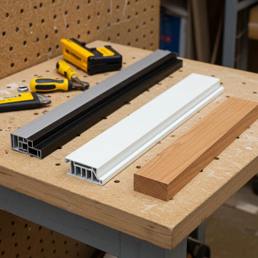 Aluminium, PVC, and timber glazing bar samples displayed on a workbench, highlighting material characteristics for structural integrity and energy efficiency in glazing systems.