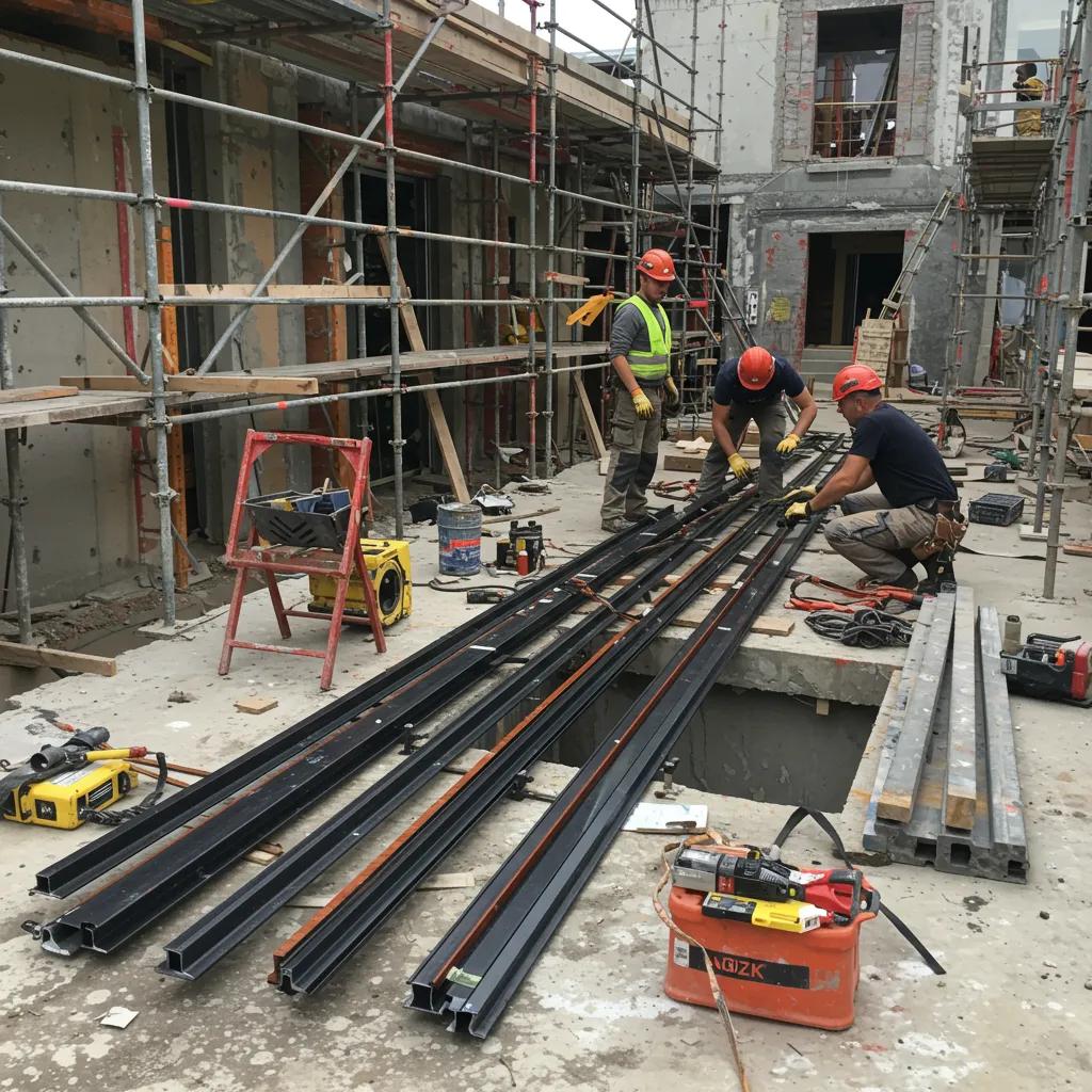 Construction site with workers installing self-supporting glazing bars, showcasing teamwork and precision in commercial glazing applications.