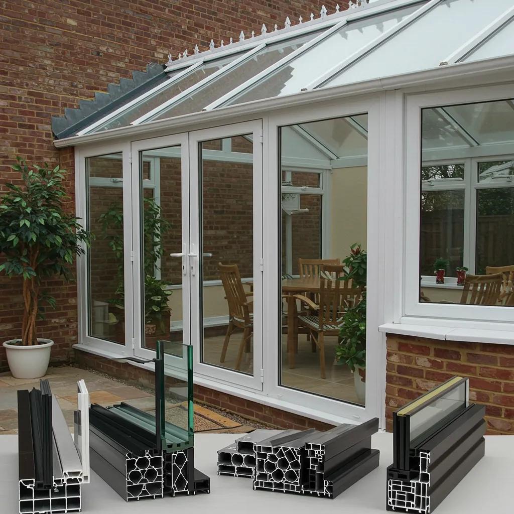 Diverse glazing bars displayed in a modern conservatory, highlighting structural design and aesthetic appeal, with a focus on energy efficiency and stylish window solutions.