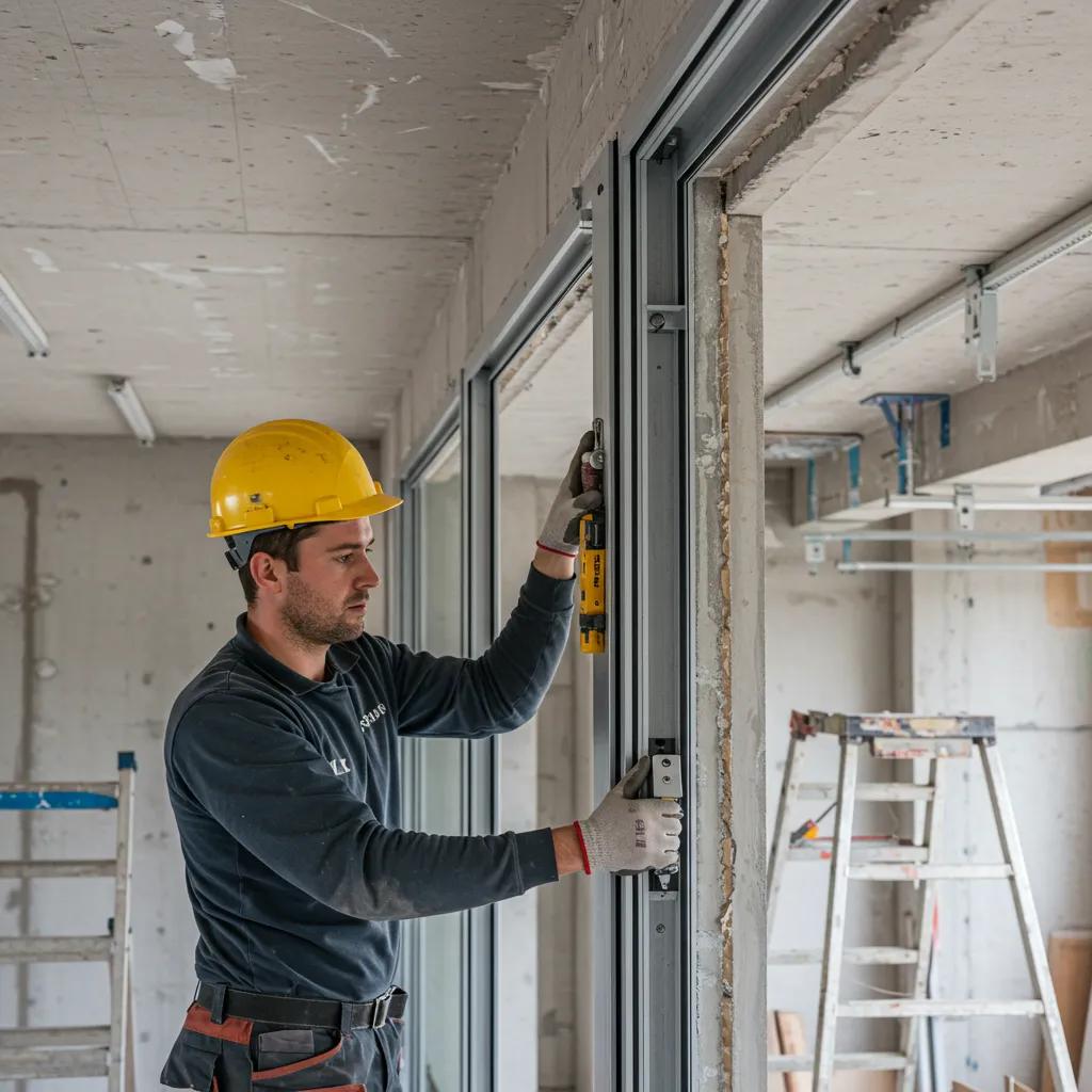Professional installer securing glazing bars in a commercial building, demonstrating the installation process with tools and equipment in a partially finished interior space.